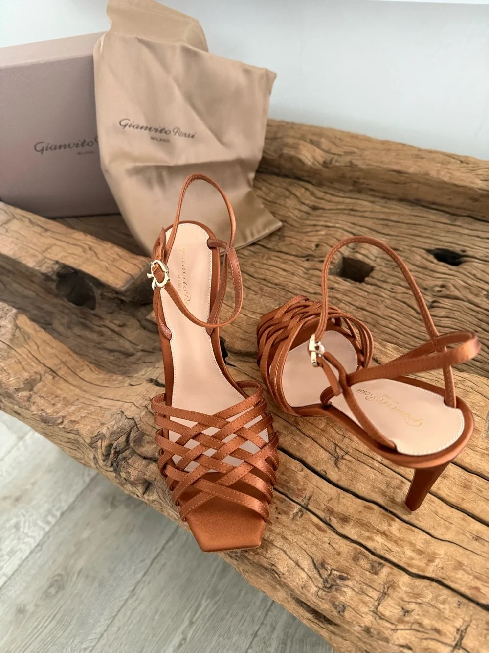 GIANVITO ROSSI Strappy Brown satin High-Heel Sandals